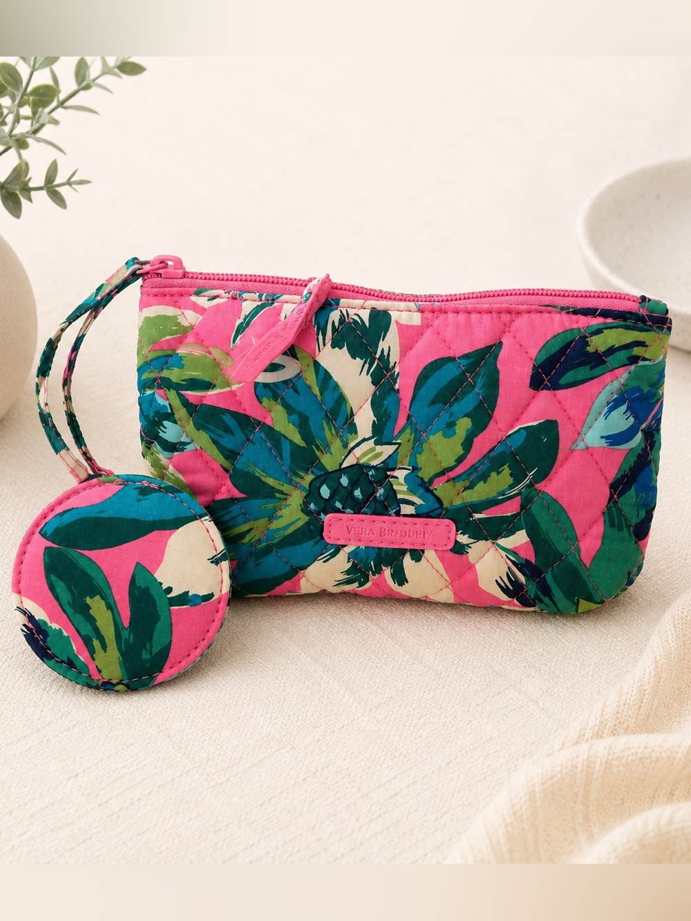 Vera Bradley Quilted Floral Cosmetic Bag with Mirror Pink Teal Tropical Pouch